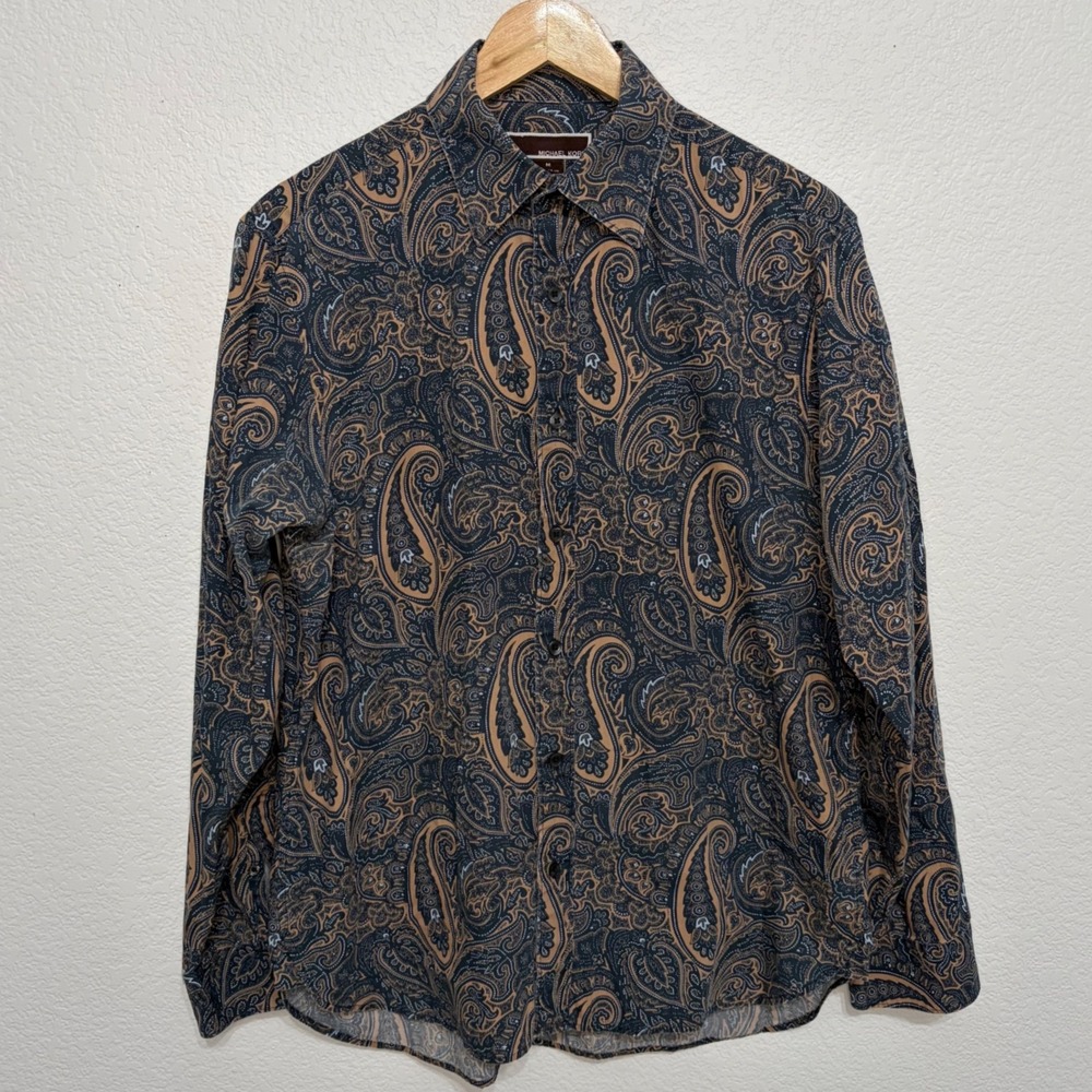 Michael Kors Mens Classic Fit Paisley Button Down Shirt Navy Tan‎ Long Sleeve M